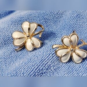 Gold and White Floral Clip-On Earrings - Women Jewelry